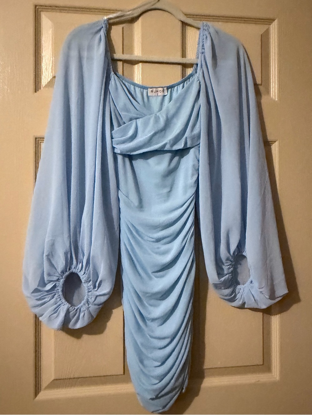 Hello Molly Light Blue Draped Fitted Ruched Mini Dress with Statement Sleeves
